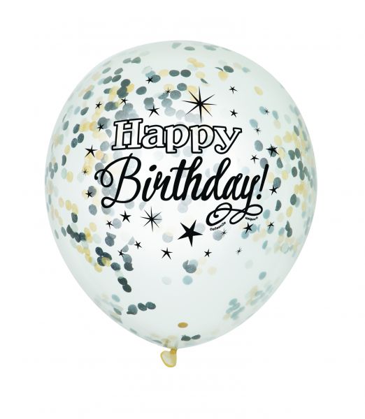 Black Confetti-Ballon Happy B-Day Clear 30 cm - 6 Stk