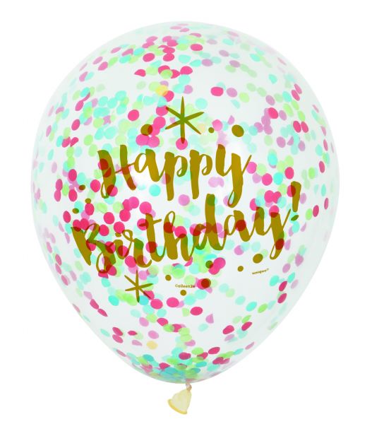 Mix Confetti-Ballon Happy B-Day Gold-Clear 30 cm - 6 Stk