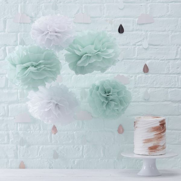 Mint & White Pom Poms Hello World
