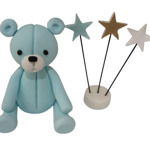 Bär sitzend blau mit 3 Toppern Zuckerfigur