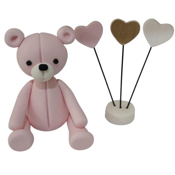 Bär sitzend rosa mit 3 Toppern Zuckerfigur