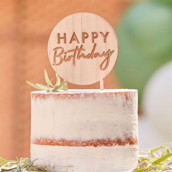 Cake Topper Wooden Rund Happy Birthday